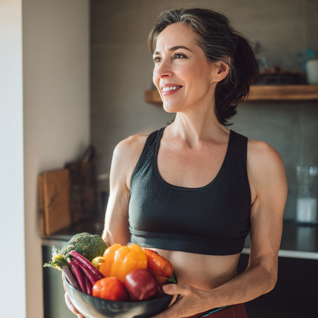 A smiling middle-aged European woman in athletic wear holding a colorful bowl of fresh vegetables and fruits, standing in a bright modern kitchen with natural lighting