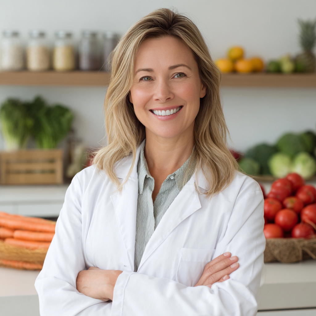 A fit European man in his thirties smiling while preparing a healthy meal with fresh ingredients in a well-lit kitchen, wearing a casual shirt