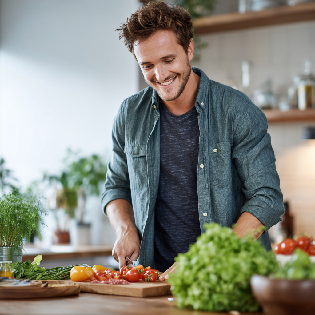 A diverse group of smiling European professionals in their 30s and 40s standing together in a modern nutritional consultation office, wearing professional attire