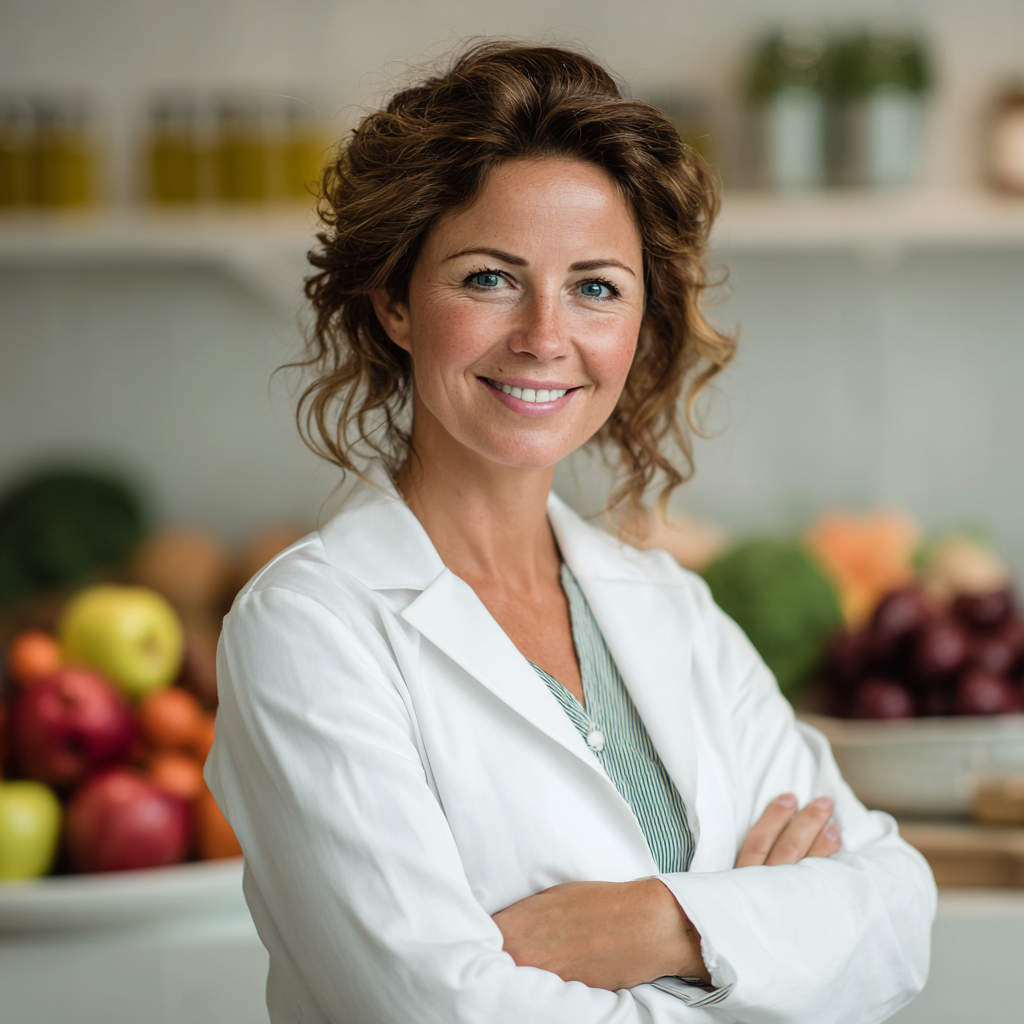 A professional European nutritionist in her 40s with a warm smile, wearing a white coat, standing in a consultation room with healthy food displays in the background
